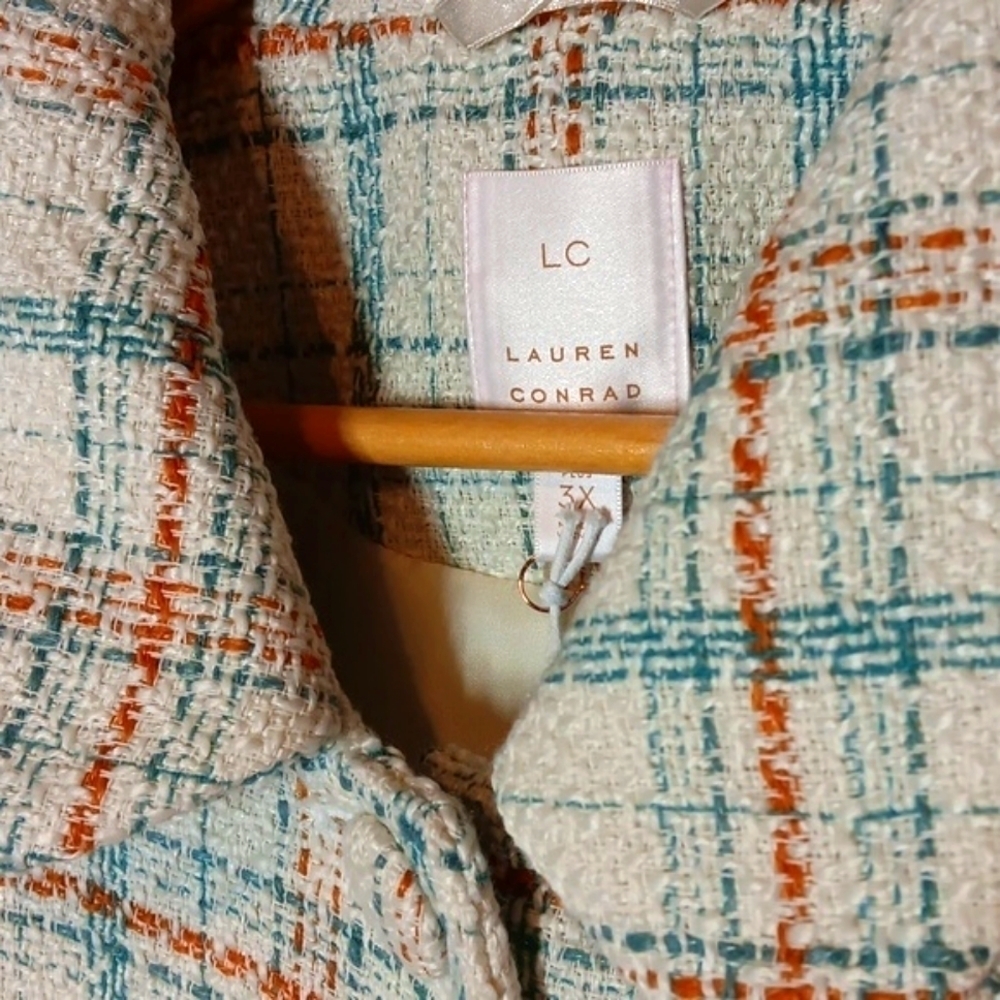 Lauren Conrad Plaid Jacket NWT 3X cream blue tan - Picture 4 of 7